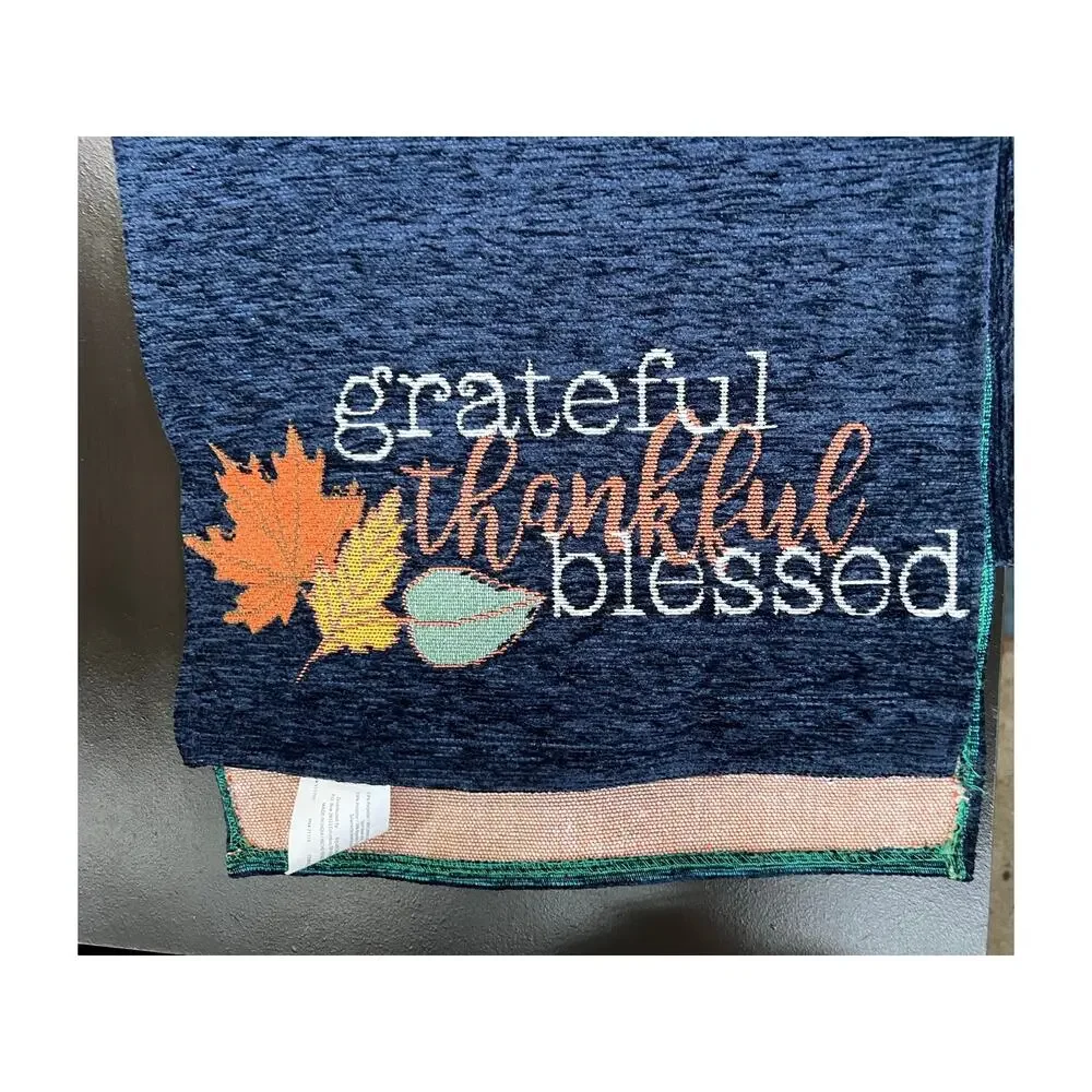 EMBROIDERED FALL NAVY BLUE GRATEFUL THANKFUL BLESSED TABLE RUNNER EUC 13